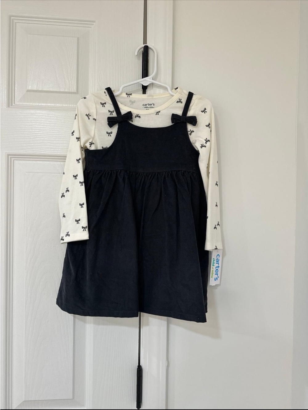 Carter's Black Pinafore Dress with Cream Bow-Print Top Set